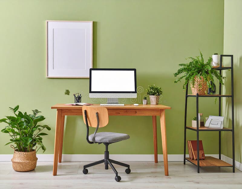 Heimbüro. Heimbüro und Studienecke mit Schreibtisch und Computer aus Holz stock abbildung