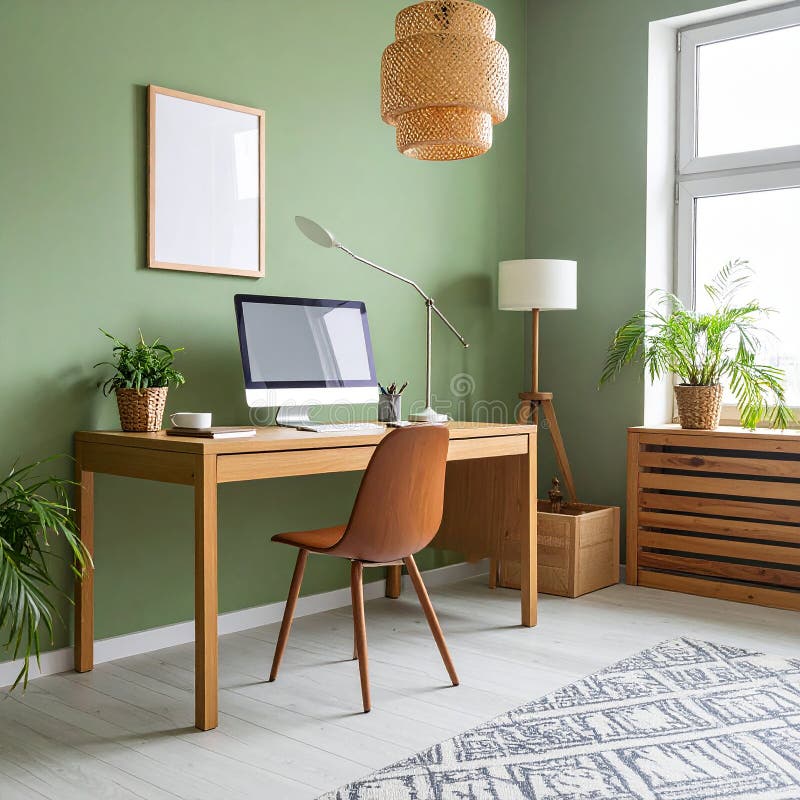 Heimbüro. Heimbüro und Studienecke mit Schreibtisch und Computer aus Holz lizenzfreie abbildung
