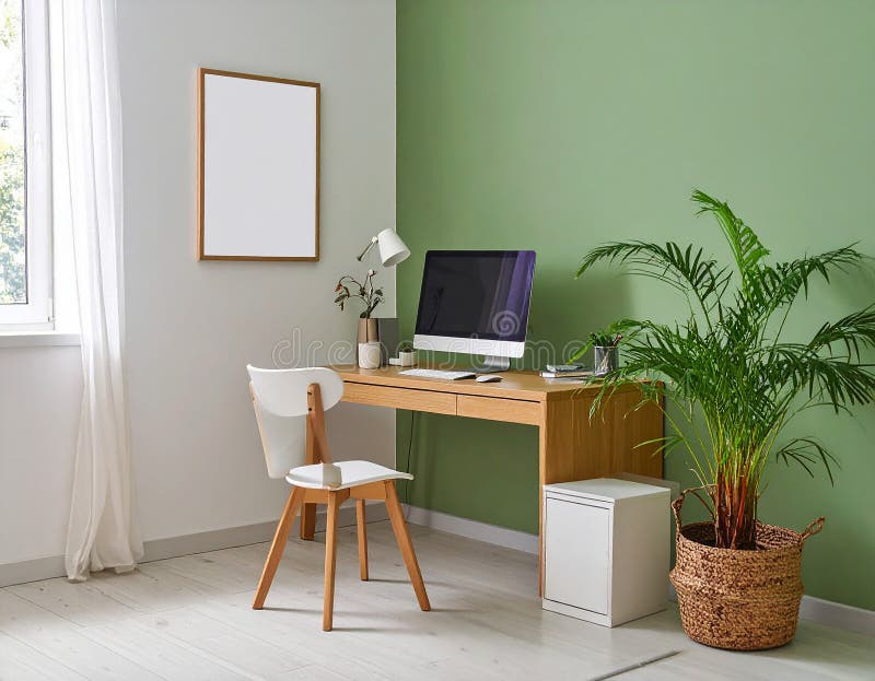 Heimbüro. Heimbüro und Studienecke mit Schreibtisch und Computer aus Holz lizenzfreie abbildung