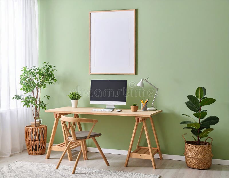 Heimbüro. Heimbüro und Studienecke mit Schreibtisch und Computer aus Holz. Einrichtung eines Home Office mit minimalistischem Holzschreibtisch mit Flachbildschirm-Tastatur und Maus. Mehrere Topfpflanzen, darunter Monstera Monstera deliciosa, sind rund um den Schreibtisch angeordnet, um die grüne Ästhetik zu verbessern. Die Wände sind hellgrün gestrichen und ein gerahmter botanischer Druck hängt über dem Schreibtisch. NaturalHome Office-Ecke. Heimbüro und Arbeitsecke mit Schreibtisch aus Holz und Lichtfiltern durch ein Fenster rechts, das den Raum beleuchtet. Am Schreibtisch befindet sich ein hellgrau gepolsterter Stuhl, der eine gemütliche und beruhigende Arbeitsumgebung schafftInnenbereich. Al Generated.