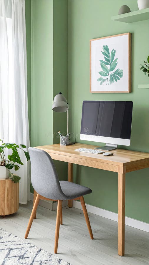 Heimbüro. Heimbüro und Studienecke mit Schreibtisch und Computer aus Holz lizenzfreie abbildung