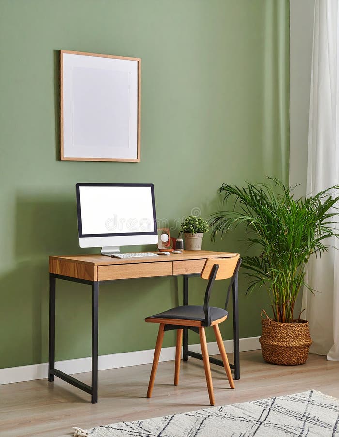Heimbüro. Heimbüro und Studienecke mit Schreibtisch und Computer aus Holz stock abbildung