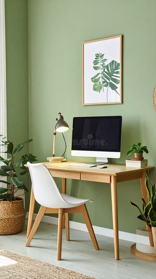 Heimbüro. Heimbüro und Studienecke mit Schreibtisch und Computer aus Holz stock abbildung