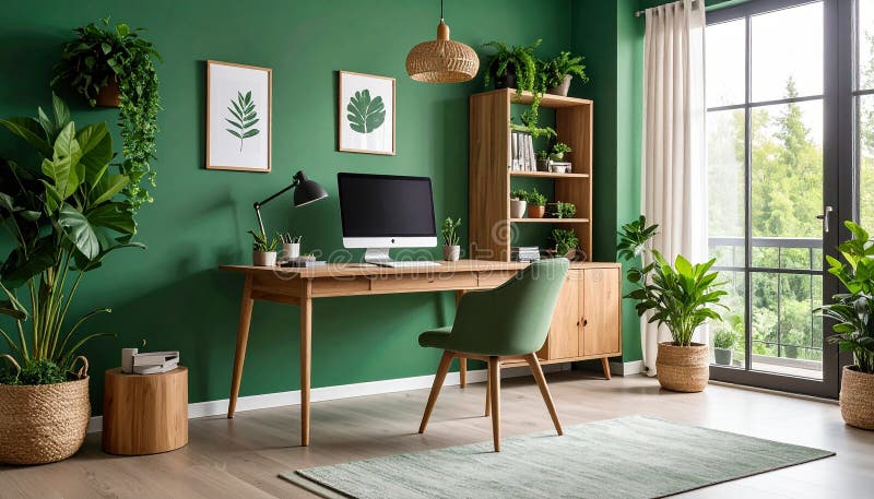 Heimbüro. Heimbüro und Studienecke mit Schreibtisch und Computer aus Holz stock abbildung