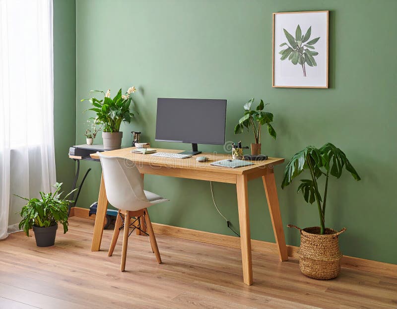 Heimbüro. Heimbüro und Studienecke mit Schreibtisch und Computer aus Holz stock abbildung