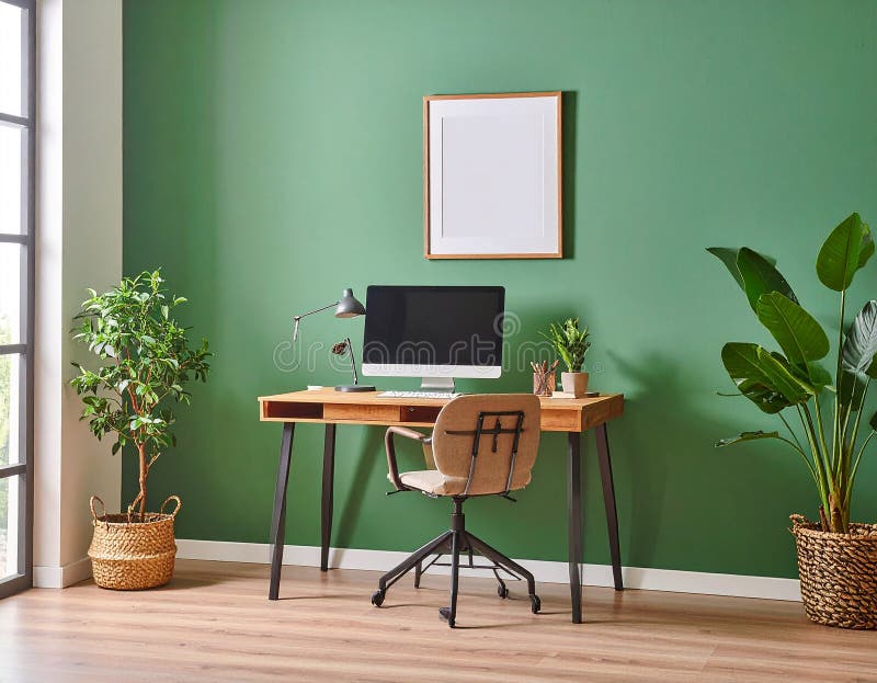 Heimbüro. Heimbüro und Studienecke mit Schreibtisch und Computer aus Holz stock abbildung