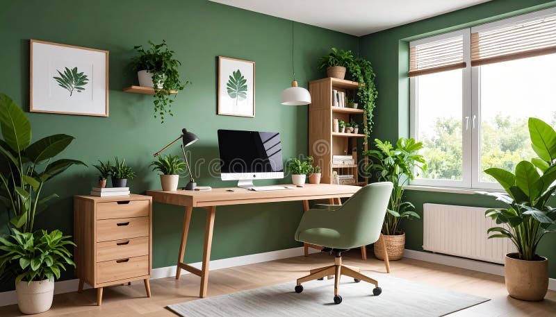 Heimbüro. Heimbüro und Studienecke mit Schreibtisch und Computer aus Holz lizenzfreie abbildung