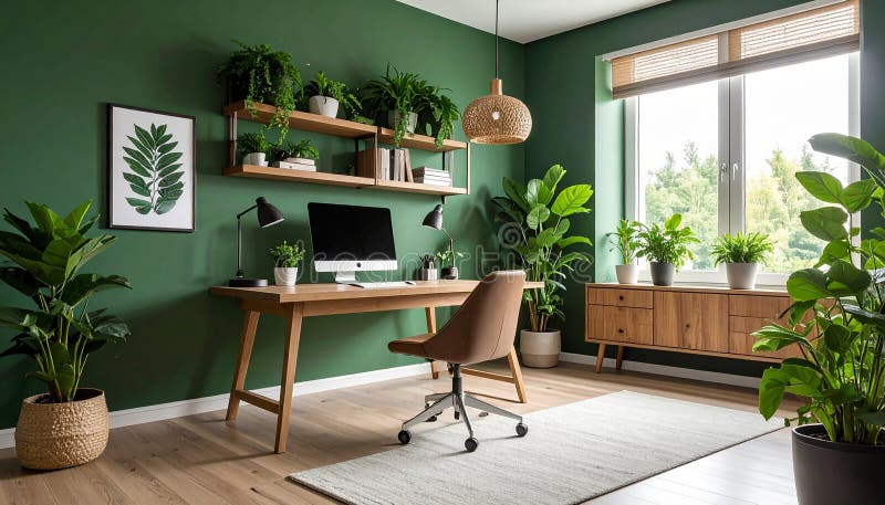 Heimbüro. Heimbüro und Studienecke mit Schreibtisch und Computer aus Holz lizenzfreie abbildung