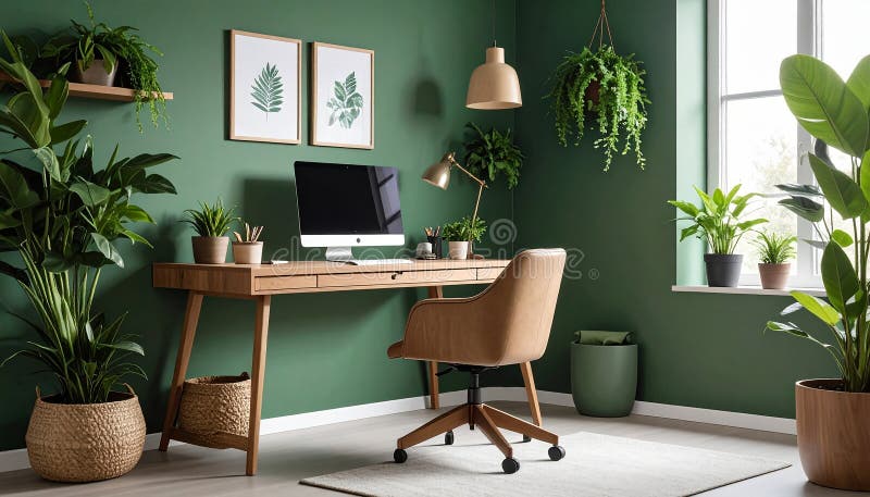 Heimbüro. Heimbüro und Studienecke mit Schreibtisch und Computer aus Holz stock abbildung
