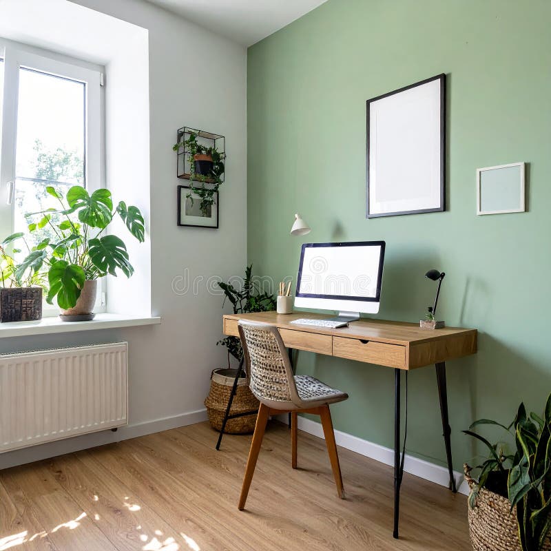 Heimbüro. Heimbüro und Studienecke mit Schreibtisch und Computer aus Holz stock abbildung