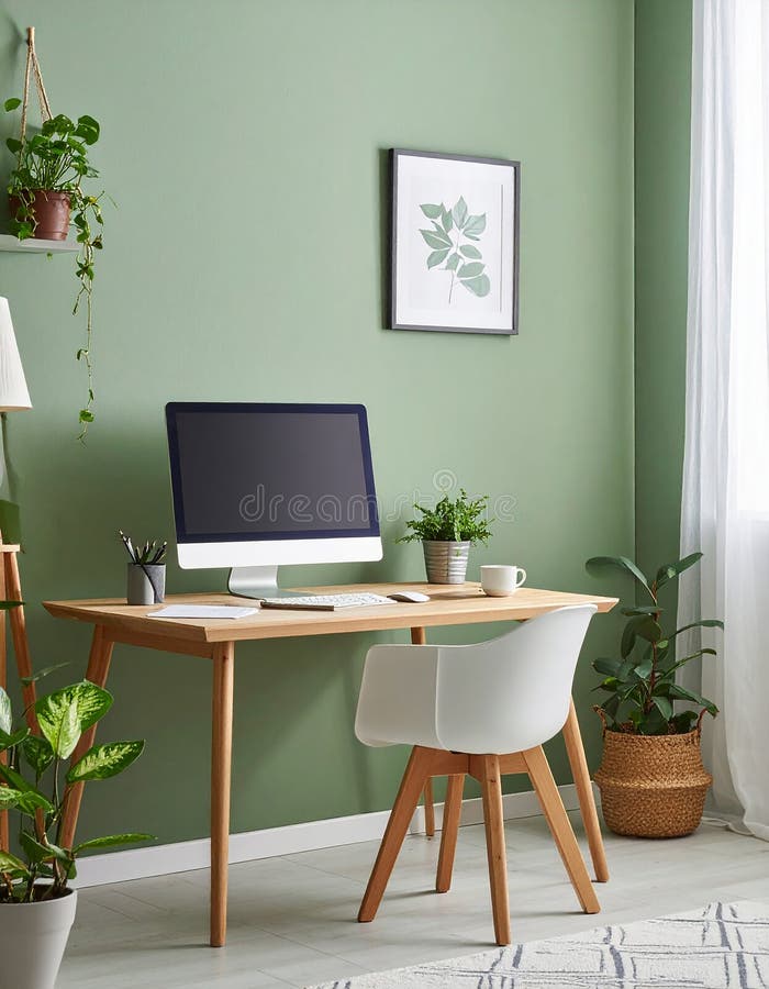 Heimbüro. Heimbüro und Studienecke mit Schreibtisch und Computer aus Holz lizenzfreie abbildung