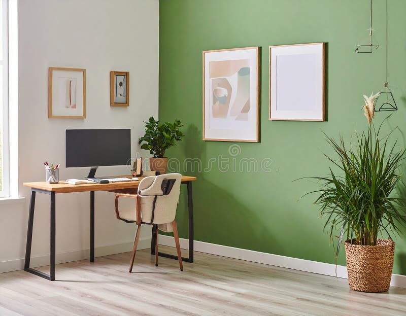 Heimbüro. Heimbüro und Studienecke mit Schreibtisch und Computer aus Holz lizenzfreie abbildung