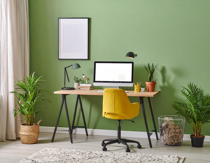 Heimbüro. Heimbüro und Studienecke mit Schreibtisch und Computer aus Holz lizenzfreie abbildung