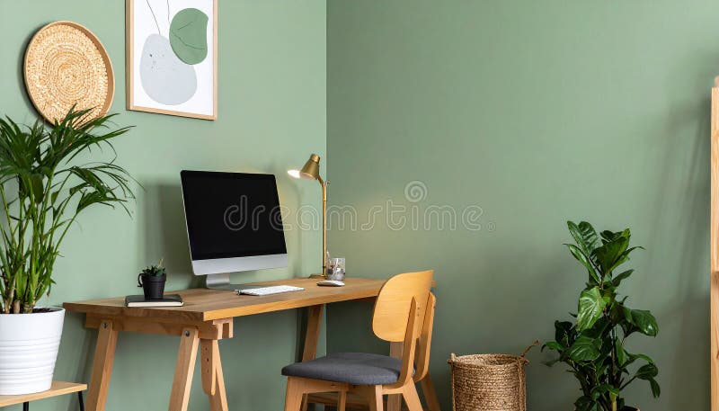 Heimbüro. Heimbüro und Studienecke mit Schreibtisch und Computer aus Holz lizenzfreie abbildung