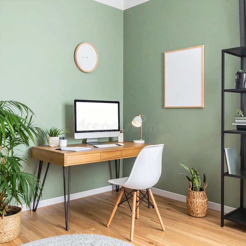 Heimbüro. Heimbüro und Studienecke mit Schreibtisch und Computer aus Holz lizenzfreie abbildung