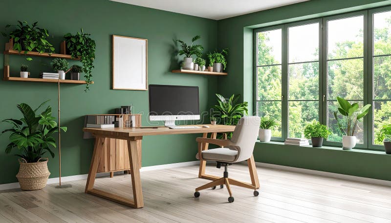 Heimbüro. Heimbüro und Studienecke mit Schreibtisch und Computer aus Holz stock abbildung