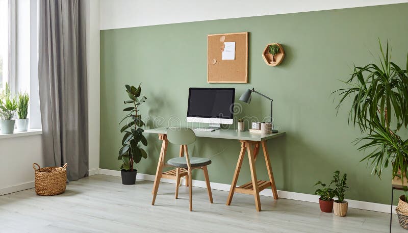 Heimbüro. Heimbüro und Studienecke mit Schreibtisch und Computer aus Holz lizenzfreie abbildung