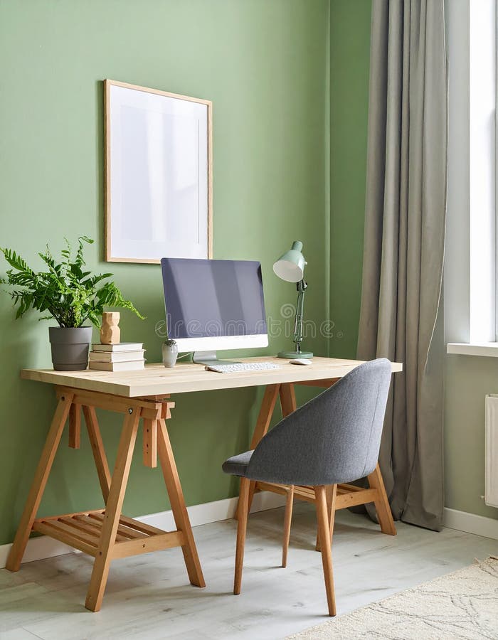 Heimbüro. Heimbüro und Studienecke mit Schreibtisch und Computer aus Holz lizenzfreie abbildung