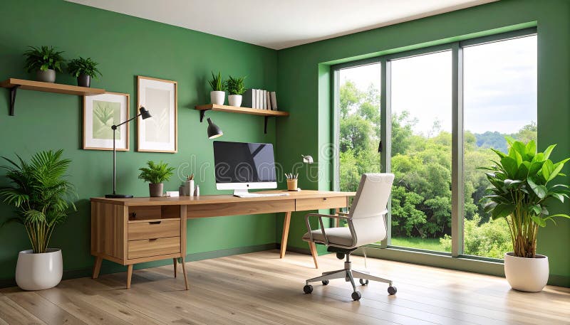 Heimbüro. Heimbüro und Studienecke mit Schreibtisch und Computer aus Holz stock abbildung