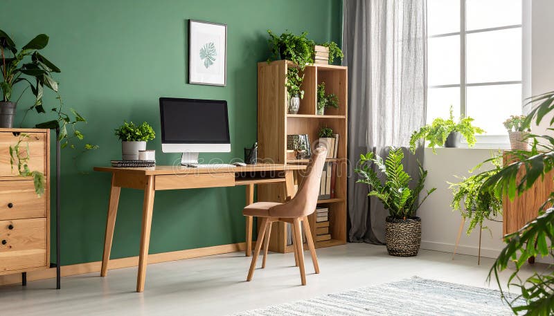Heimbüro. Heimbüro und Studienecke mit Schreibtisch und Computer aus Holz stock abbildung