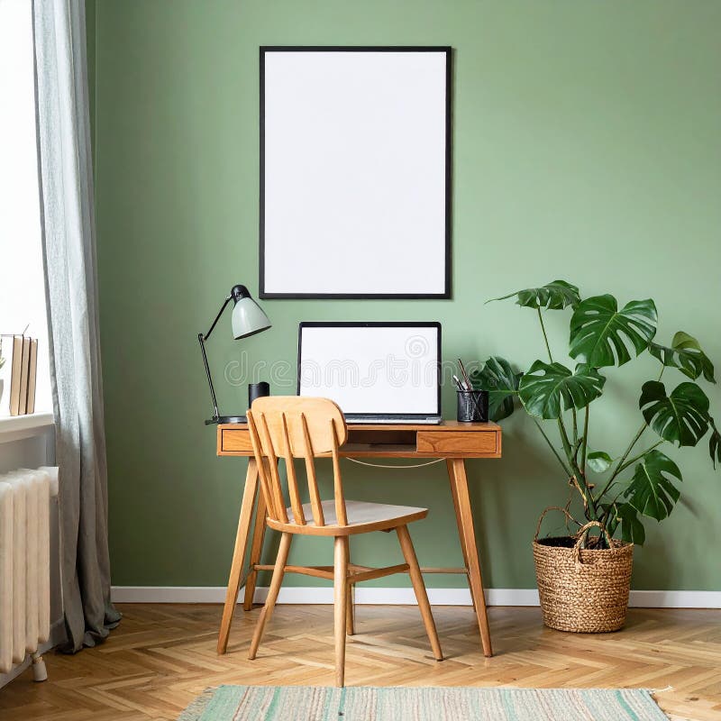 Heimbüro. Heimbüro und Studienecke mit Schreibtisch und Computer aus Holz lizenzfreie abbildung