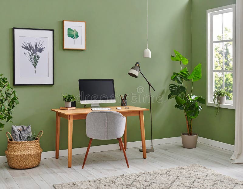 Heimbüro. Heimbüro und Studienecke mit Schreibtisch und Computer aus Holz stock abbildung