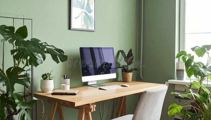 Heimbüro. Heimbüro und Studienecke mit Schreibtisch und Computer aus Holz lizenzfreie abbildung