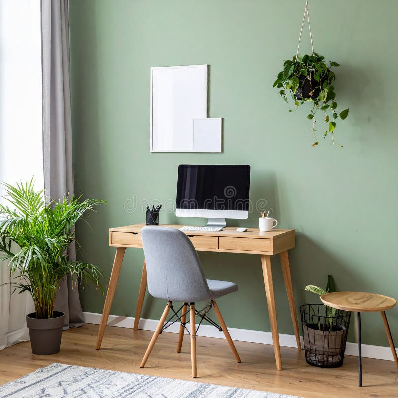 Heimbüro. Heimbüro und Studienecke mit Schreibtisch und Computer aus Holz lizenzfreie abbildung