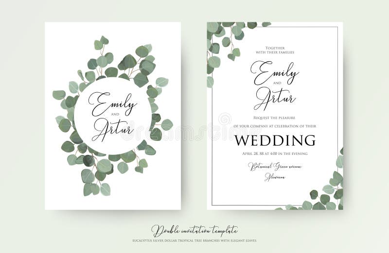 Heiratendes Blumenaquarellartdoppeltes laden, Einladung, sparen das Datumskartendesign mit netten Eukalyptusbaumasten mit Grün ei vektor abbildung