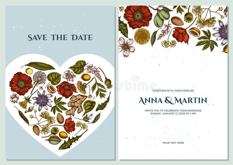 Heiratseinladungskarte mit farbiger Mandel, Löwenzahn, Ingwer, Mohnblumenblume, Leidenschaftsblume, Tilia cordata stock abbildung Heiratseinladungskarte mit farbiger Mandel, Löwenzahn, Ingwer, Mohnblumenblume, Leidenschaftsblume, Tilia cordata stock abbildung