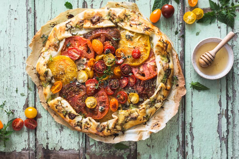 Heirloom Tomatoes Tart with Zucchini, Blue Cheese, Thyme and Honey