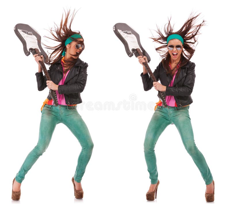 Hot excited rock and roll woman holding her electric guitar and getting ready to break it. collage of two images, front and side view. Hot excited rock and roll woman holding her electric guitar and getting ready to break it. collage of two images, front and side view