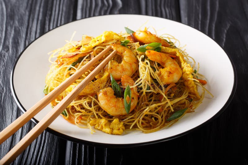 Heiße Chow-Chow Mei Fun-Reisnudeln gebraten mit Wurst, Garnelen und Gemüsenahaufnahme auf einer Platte horizontal