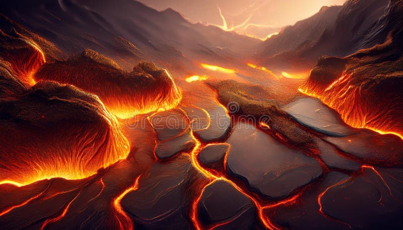 Heiße Lavaströmung mit Gradienten von orange und hell rot bis schwarz. Erwachter Vulkan löst Lavaströme Magma-Eruption aus. Naturkatastrophe. Gestaltung von Bannerabdeckungen und Plakaten