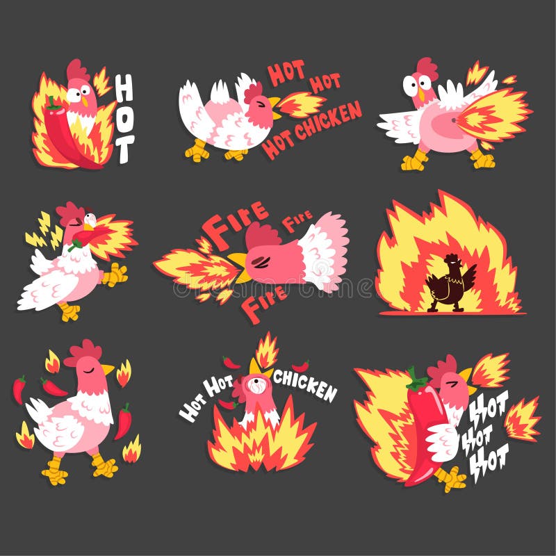 Heißes würziges Huhn stellte, Hahn auf Feuer, kreative Logoentwurfsschablonen-Vektor Illustration ein vektor abbildung