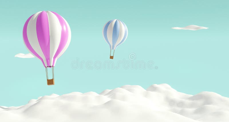 Heißluftballons steigen über weißen Wolken in blauem Himmel 3D auf und rendern