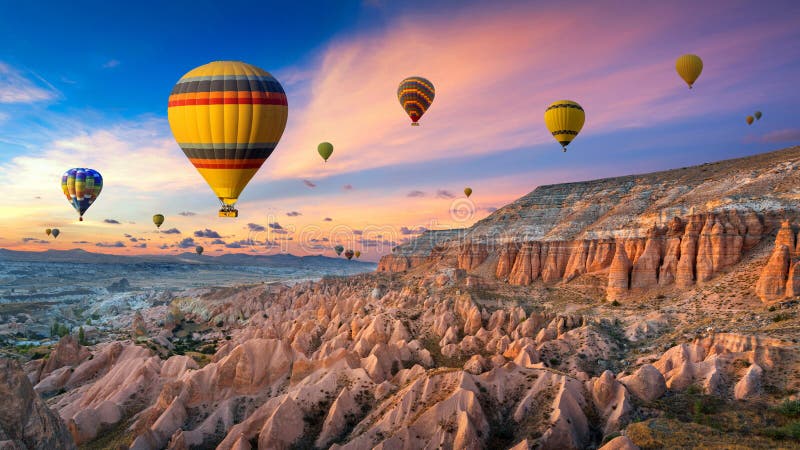 Heißluftballons und Rotes Tal bei Sonnenuntergang in Goreme, Kappadokien in der Türkei