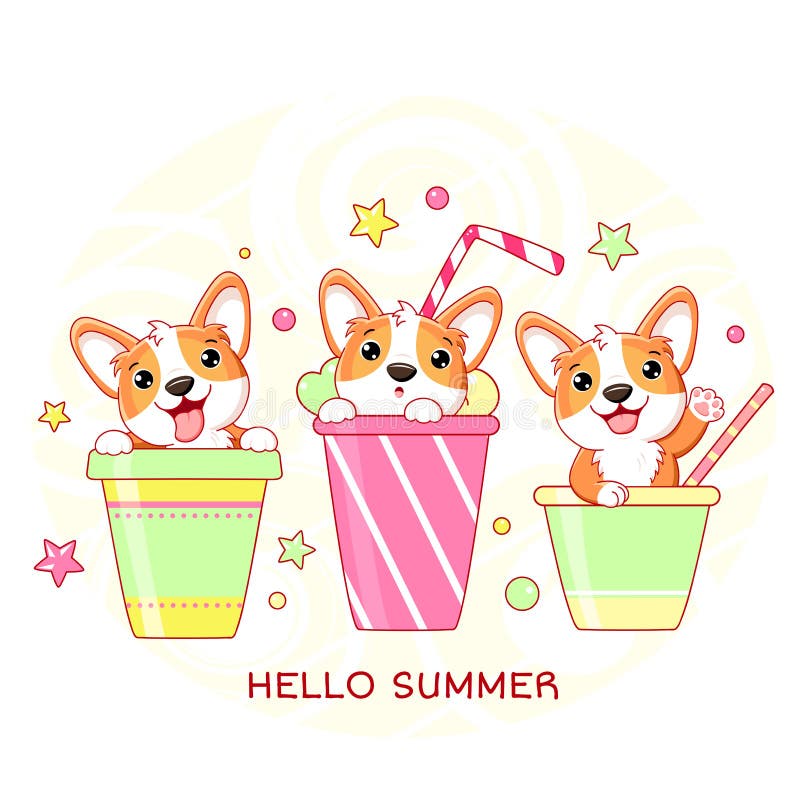 Hej sommar. Vaccinationskort med söt corgi hund i cocktail
