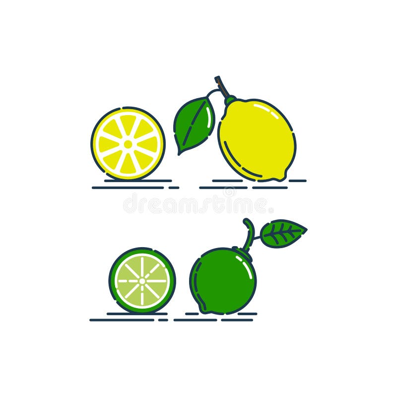 Hela och avskurna i halv citron- och kalkfrukt isolerade på vit bakgrund Ekologisk produkt Belysning av sommarskörd Platt vektor illustrationer