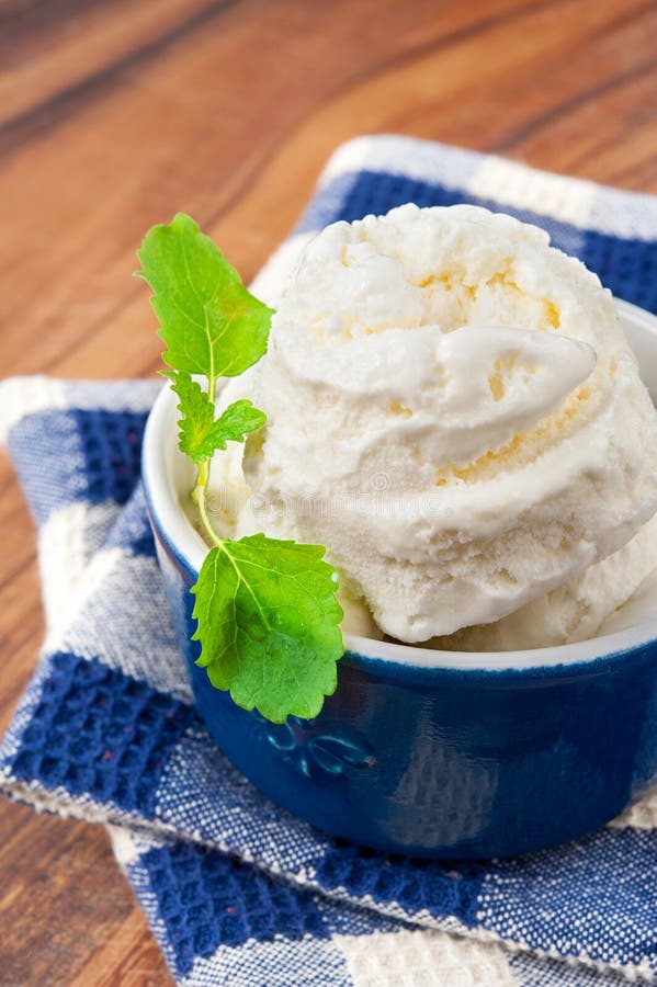 Helado blanco de la vainilla con la hoja verde de la menta fotos de archivo libres de regalías Helado blanco de la vainilla con la hoja verde de la menta fotos de archivo libres de regalías