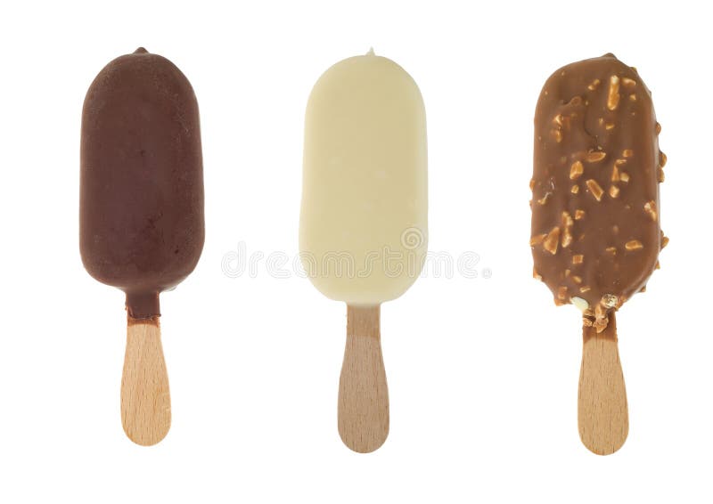 Three different chocolate ice lollies isolated on a white background. Three different chocolate ice lollies isolated on a white background