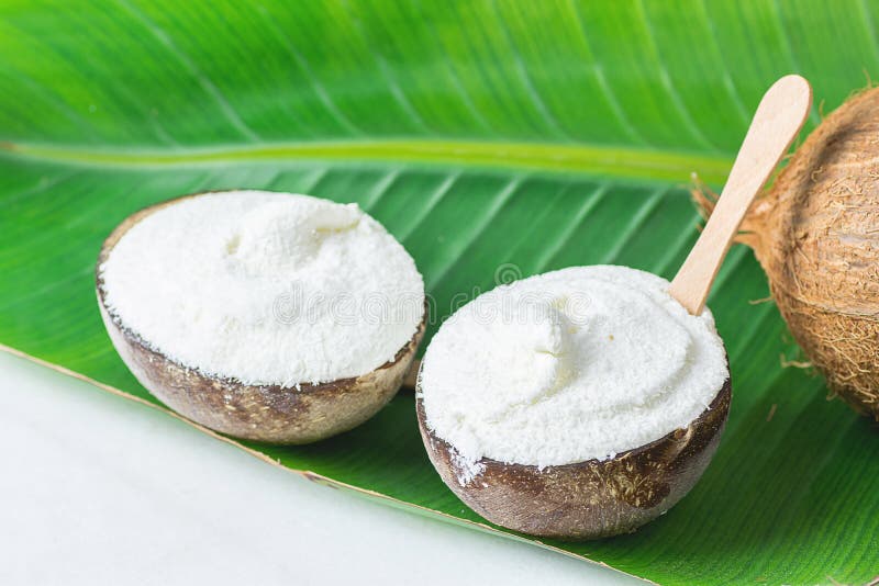 Helado delicioso de coco del vegano en cuencos con la cuchara de madera en la hoja verde grande de la palmera en la tabla de márm fotografía de archivo Helado delicioso de coco del vegano en cuencos con la cuchara de madera en la hoja verde grande de la palmera en la tabla de márm fotografía de archivo