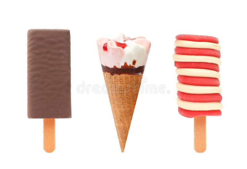 Three different flavored ice lollies and ice cream cone over a white background. Three different flavored ice lollies and ice cream cone over a white background