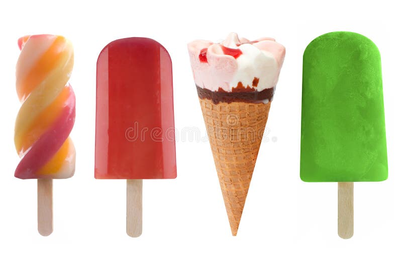 Set of four frozen lollies and icecream over a white background. Set of four frozen lollies and icecream over a white background