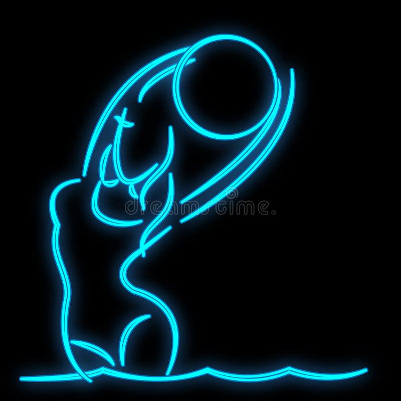 Bright luminous blue neon sign for a pool with water polo and aqua aerobics beautiful shiny beauty spa with a woman with a ball on a black background. Vector illustration. Bright luminous blue neon sign for a pool with water polo and aqua aerobics beautiful shiny beauty spa with a woman with a ball on a black background. Vector illustration.