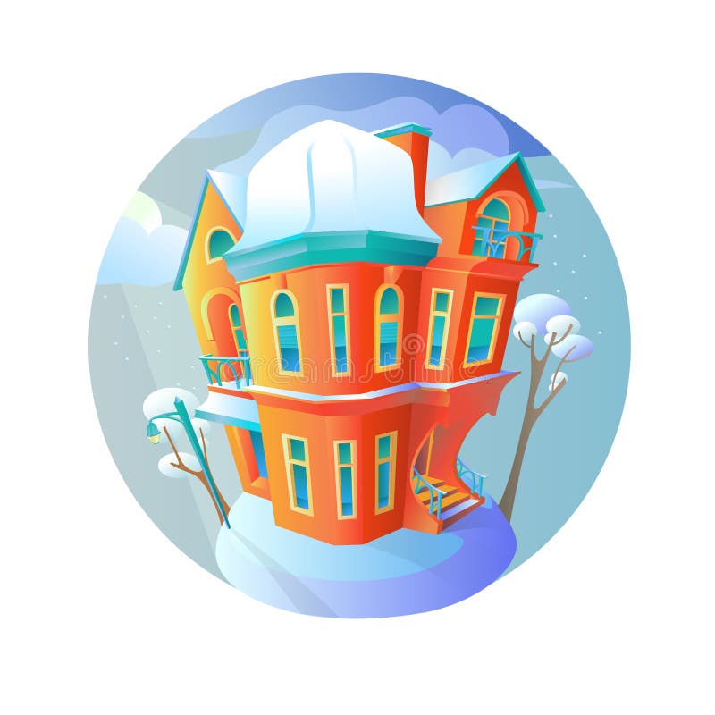 Helder vectorhuis in de wintertijdavond Plattelandshuisje in een Victoriaanse stijl huis met balkon, portiek en winkel vector illustratie Helder vectorhuis in de wintertijdavond Plattelandshuisje in een Victoriaanse stijl huis met balkon, portiek en winkel vector illustratie