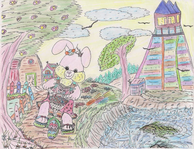 Heldere aantrekkelijke kleurenschets van het gelukkige het glimlachen het konijn van het meisjeskonijntje cirkelen stock illustratie Heldere aantrekkelijke kleurenschets van het gelukkige het glimlachen het konijn van het meisjeskonijntje cirkelen stock illustratie
