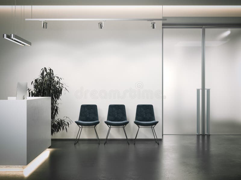 Bright office reception with waiting area and dark chairs. 3d rendering. Bright office reception with waiting area and dark chairs. 3d rendering