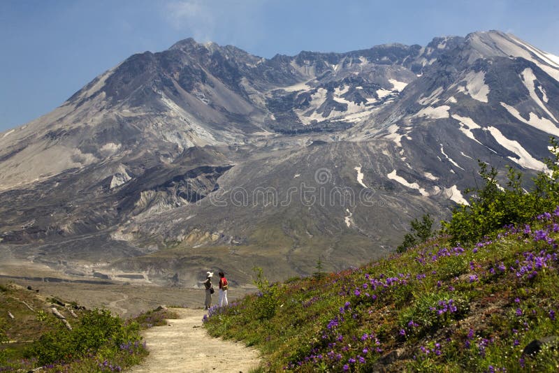 Hiking Mount Saint Helens Volcano National Park Washington Looking at Caldera with lava cap. Hiking Mount Saint Helens Volcano National Park Washington Looking at Caldera with lava cap