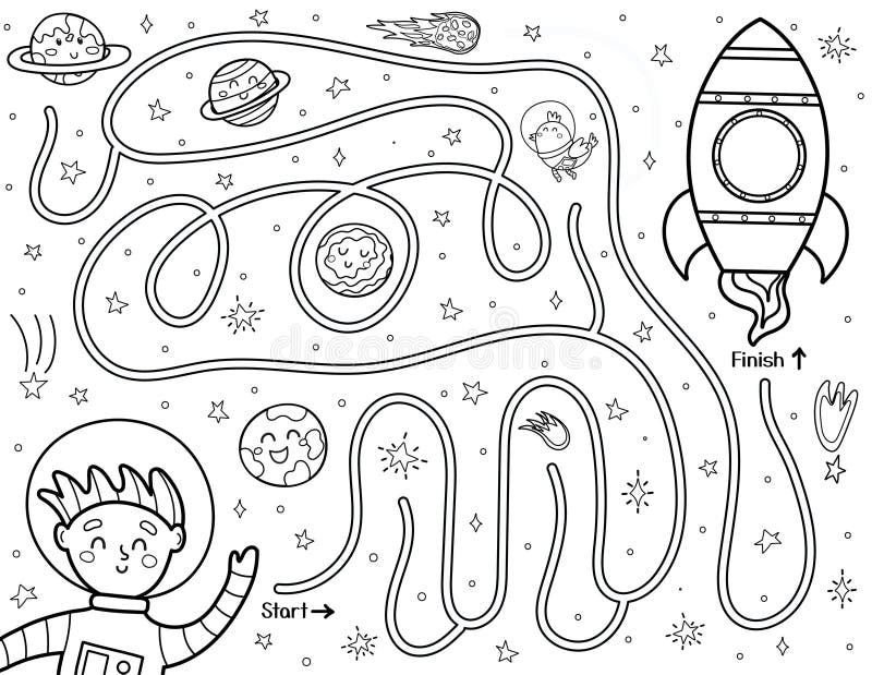 Helfen Sie dem süßen Astronauten, einen Weg zur Rakete zu finden. Schwarz-Weiß-Labyrinth für Kinder vektor abbildung